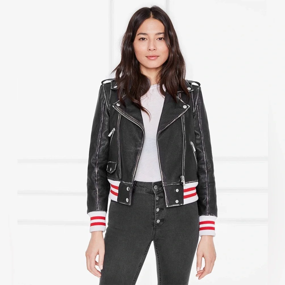 Anine Bing Quinlan Moto Biked Jacket with Varsity Cuffs and Hem - Picture 9 of 12